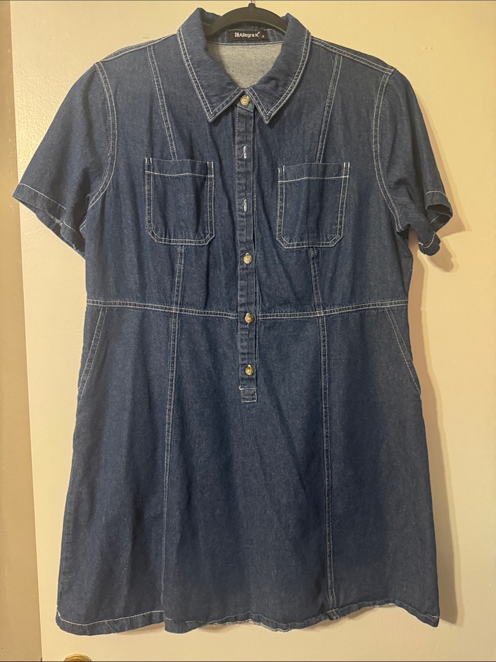 Allegra K Dark Blue Denim Short Sleeve Shirt Dress